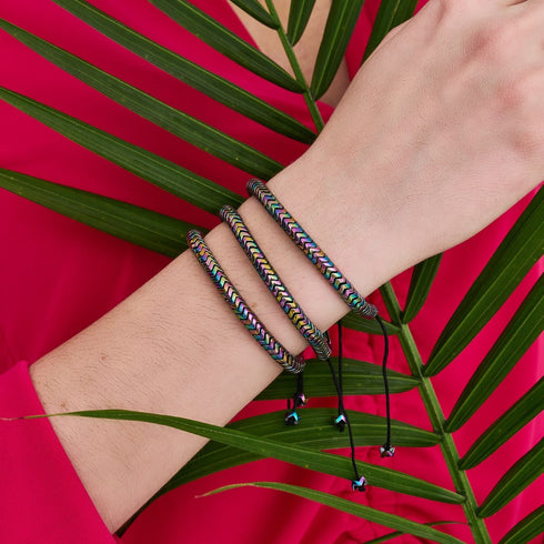 Serpentin | Arc-en-ciel Hématite x Licorne Argent | Bracelet Double Vague